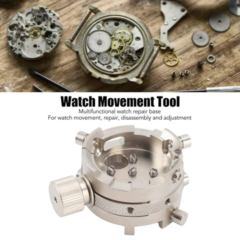 Pro Grade Stainless Steel Watch Movement Base Holder For Repairs And Adjustments with components on a wooden surface.