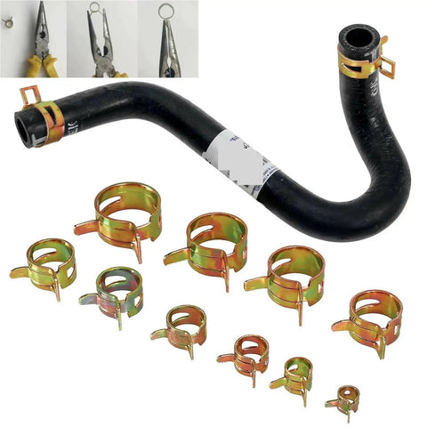 Solid 155 Piece Spring Hose Clamp Kit With 6 To 22mm Sizes Perfect For Cars Trucks And Pipes Featuring Smooth Rolled Edges For Safe Easy Install And Fast Repairs On Water Lines Plus Heavy Duty Fasteners That Will Last A Long Time Without Ripping. spring hose clamps on hose and size range shown