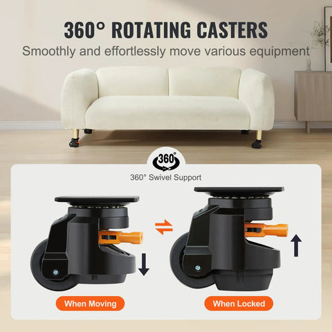 Beefy Leveling Caster Wheels Set Of 4 for workbenches and machines, 360 swivel, easy twist, rubber padding, displayed under sofa
