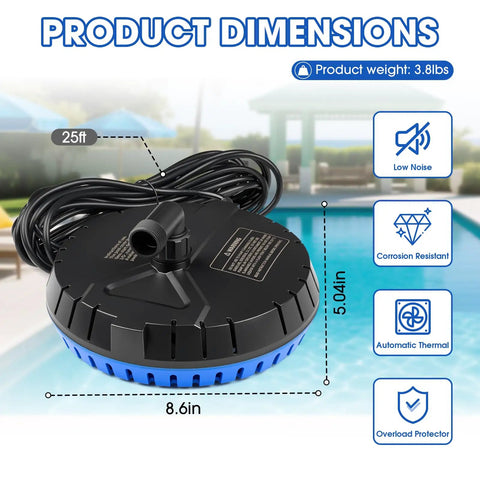 Automatic Pool Cover Pump 1500 GPH Submersible Sump For Quick Pool Drainage With 25 Ft Power Cord And 2 Adapters