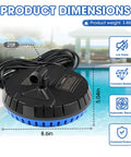 Top Tier Automatic Pool Cover Pump With 1500 GPH Oomph And Smart Water Level Shutoff For Zero Sweat Outdoor Cleanup Bright Blue Casing dimensions, 8.6in and 5.04in sizes.