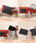 Slim Money Clip Wallet For Men RFID Blocking 11 Card Pockets Minimalist Leather Bifold Front Pocket With ID Window Quick Pull Notch Premium Quality Leather Gift Box Included Ideal Everyday Carry displayed in use and packaging.