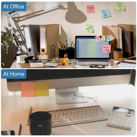 Office and home workspace setups with desks, laptops, and desk accessories shown to illustrate contrasting work environments.
