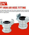 3/4" NPT iron air hose fitting, galvanized carbon steel, shown with two threaded couplers