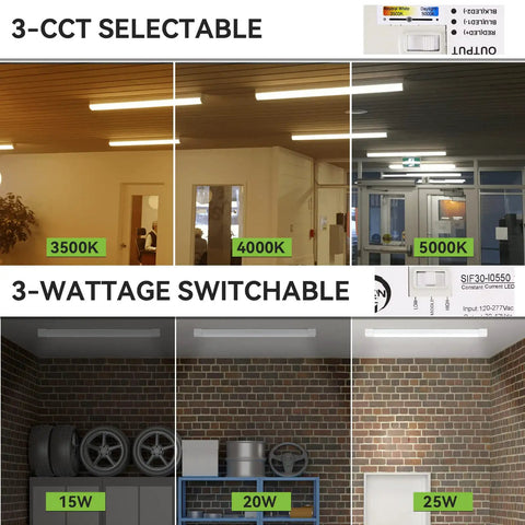 2 Ft Linkable LED Shop Light With Switchable 15 20 25W CCT 3500K 4000K 5000K 130 Lumens Per Watt No Fuss Warehouse Grade Strip Light Dimmable Via Zero To Ten Volt Control showing CCT and watt options