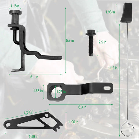 Ford 4.6L 5.4L 3V Engines Timing Belt Tool Set All In One Pro Grade Valve Spring Compressor components with dimensions.