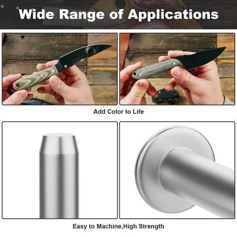 Collage showing Nickel Silver Knife Handle Rivet Pins 5/16 Inch Head 5/8 Inch Shaft Set Of 15 for DIY knife making and knife handle detail.
