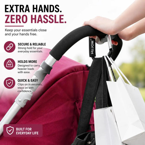 Heavy Duty Stroller Hooks 2 Pack Carabiner Clips For Hanging Diaper Bags Purse Grocery And Shopping Bags Hands Free On The Go Mom Must Have Accessory For Shopping Trips And Outdoor Adventures, shown holding bags on a stroller