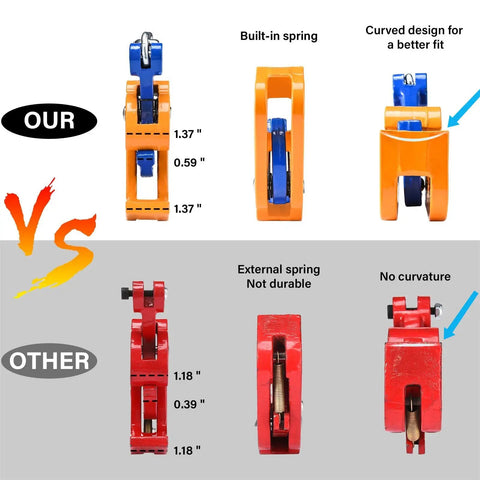 Comparison of Heavy Duty 55 Gallon Drum Lift Chain Hoist For Steel And Plastic Drums with built-in spring and curved design. 