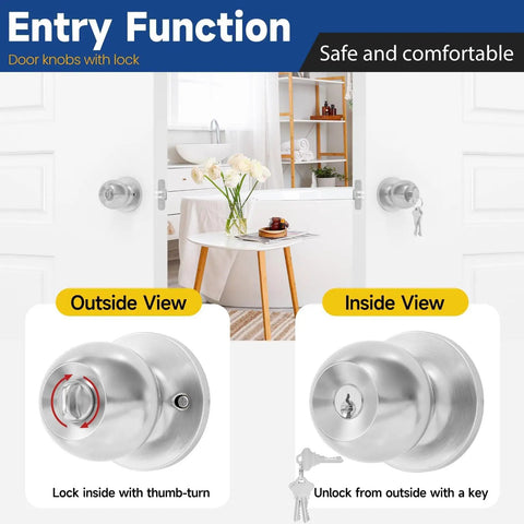 Keyed Entry Door Knob With Lock And Key For Exterior And Interior Doors Satin Nickel Finish, inside and outside view with key