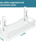 Illustration of a white under desk cable management tray with adjustable clamps and mesh design, dimensions 15.35 x 4.72 x 7.68 inches.