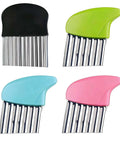 Set of 4 stainless steel crinkle cutters with colorful plastic handles in black, green, blue, and pink.