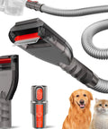 Dog Hair Vacuum Attachment For Vacuum Cleaners Pet Grooming Tool with extension hose and adapter, shown with dog and cat.