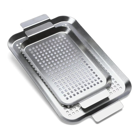 Grill Pan Set Of 2 Stainless Steel Perforated Grilling Baskets With Handles For Outdoor BBQ