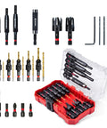 Badass 25 Piece Countersink Drill Bit Set With Self Centering Bits And Wood Plug Cutters For Straight Forward DIY Builds and tank like hardware jobs, neatly arranged in a red hard case.