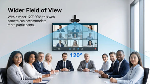 Crisp 1080P HD Webcam With Clear Mic And Noise Cancellation Ships With Wide Angle Lens showing wider field of view in conference room.