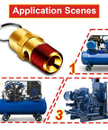 Two brass 1/4'' NPT air compressor pressure relief valves with red threaded body and key ring