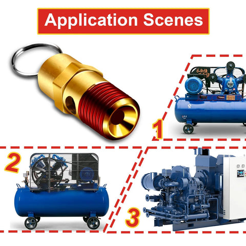 Two brass 1/4'' NPT air compressor pressure relief valves with red threaded body and key ring