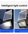 Heavy Hitter Solar Flood Light With Wireless Remote And Auto Dusk To Dawn Sensor showing solar panel charging and LED spotlight.