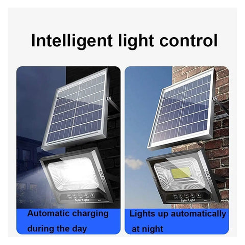 JUDYSSY Courtyard Light Solar Lights Outdoor Garden Solar Led Flood Light Remote showing solar panel and light control features.