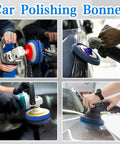 12 Piece Buffing Bonnets Kit For 9 To 10 Inch Orbital Buffer Polisher, displayed in use for car polishing and detailing.