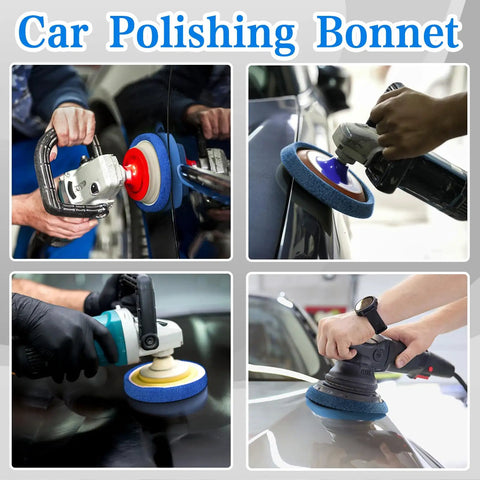12 Piece Buffing Bonnets Kit For 9 To 10 Inch Orbital Buffer Polisher, displayed in use for car polishing and detailing.