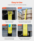 Four-step guide using Beefy Heavy Duty Tie Down Straps 4 In By 30 Ft With Flat Hooks 18,000 Lbs Break Strength WLL 6,000 Lbs 10 Pack