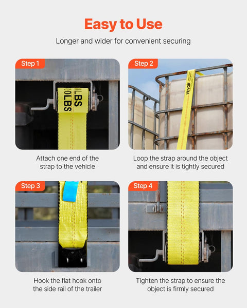 Four-step guide using Beefy Heavy Duty Tie Down Straps 4 In By 30 Ft With Flat Hooks 18,000 Lbs Break Strength WLL 6,000 Lbs 10 Pack