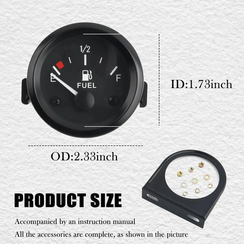Two Inch 12V Fuel Gauge Kit With Nut And Bracket 240 to 33 Ohm Boat Gauge with mounting accessory, size details