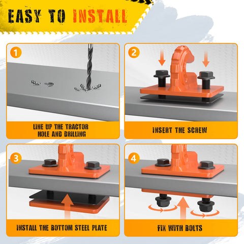 Installation process of Upgrade 2 Pack Three Eighths Inch Tractor Bucket Grab Hook Grade 70, showing step-by-step bolt-on mounting.