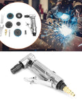 Industrial Grade Pneumatic Die Grinder With 90 Degree Bend, aluminum body, 2 inch disc, shown with welding sparks in background.