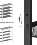 Five-Tier Entryway Shoe Rack With Adjustable Mesh Shelves Industrial Metal Design Holds 16-20 Pairs Of Shoes Floor Mount Rustic Brown Organizer For Closet Or Hallway with diagram showing adjustable shelves and close-up of frame