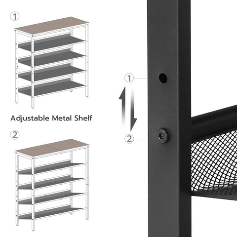 Five-Tier Entryway Shoe Rack With Adjustable Mesh Shelves Industrial Metal Design Holds 16-20 Pairs Of Shoes Floor Mount Rustic Brown Organizer For Closet Or Hallway with diagram showing adjustable shelves and close-up of frame