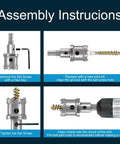 Amazon 4-piece TCT hole saw drill bit set assembly instructions diagram showing hex key, pilot bit, and chuck steps