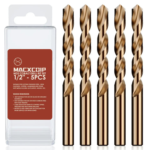 One Half Inch Cobalt Drill Bit Set 5 Pc M35 High Speed Steel Jobber Length Built Tough For Hardened Metals with Index Storage Case