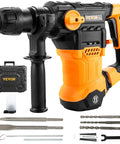 Side view of VEVOR 1-1/4 in SDS-Plus rotary hammer drill with orange/black body and bits.