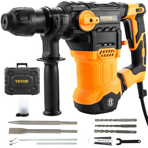 Side view of VEVOR 1-1/4 in SDS-Plus rotary hammer drill with orange/black body and bits.