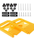 Professional Woodworking Featherboard Set With Extended Yellow Safety Guard Adjustable Table Saw Fence Aid Using Ergonomic Knobs For Precision Cuts, featuring yellow featherboards and mounting hardware.