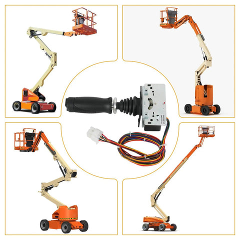 Heavy Duty Joystick Controller Replacement For JLG Boom Lifts Part 1001118418 displayed with boom lift models and wiring.