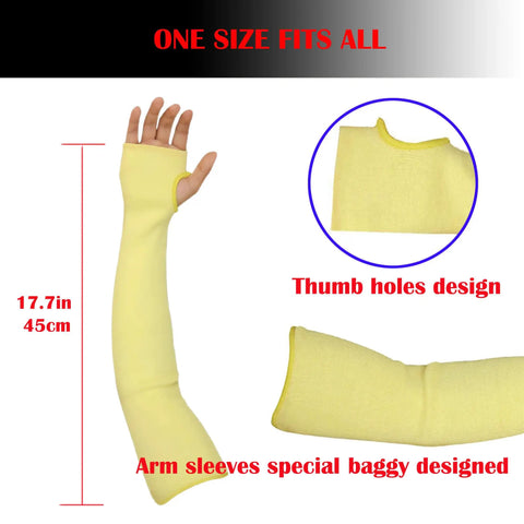 Tough As Nails Double Ply Kevlar Arm Sleeves Cut And Heat Resistant Ergonomic Knit Fit With Thumb Slots Perfect For Welding Mechanics Gardeners 18 Inch Yellow Includes 2 Pair Bundle, 17.7in length with thumb holes.