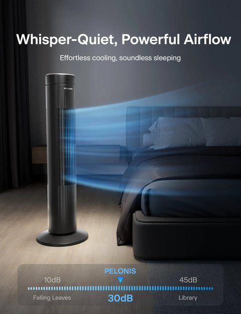 30 Inch Oscillating Tower Fan For Bedroom With Remote Control Quiet 3 Speed Settings ETL Certified Black 7 Hour Timer in dark room