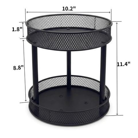 Two Pack Two Tier Lazy Susan Organizer Smooth Rotating Metal Turntable measured at 10.2x11.4 inches for kitchen and pantry use.