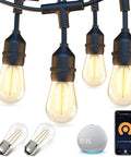 Smart Outdoor String Lights 49Ft For Patio With App WiFi Control Alexa Ready Waterproof Dimmable Edison Style Bulbs Create Custom Scenes Schedule Auto On Off Perfect For Backyard Parties And Chill Vibes shown hanging with smartphone and Alexa.
