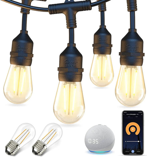 Smart Outdoor String Lights 49Ft For Patio With App WiFi Control Alexa Ready Waterproof Dimmable Edison Style Bulbs Create Custom Scenes Schedule Auto On Off Perfect For Backyard Parties And Chill Vibes shown hanging with smartphone and Alexa.