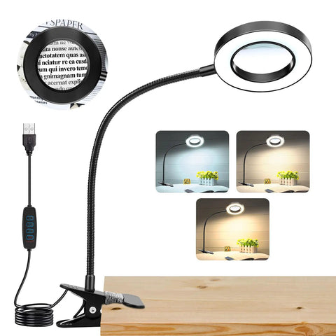 10X Lighted Magnifying Glass With Clip On Mount 48 LED Desk Magnifier With Clamp showing different lighting modes