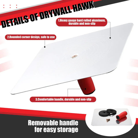 11 Inch Stainless Steel Drywall Finishing Trowel and 13 Inch Aluminum Hawk Board Holder Construction Set, red handle detail