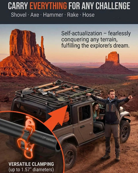 Shovel And Axe Mount Kit For Truck Roof Racks And Garage Organization Quick Release Tool Clamps Overlanding Gear Holder Bed Or Wall Mounted Bracket Heavy Duty Metal Rubber Construction Red Four Pack installed on a Jeep roof rack in desert setting.