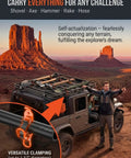 Heavy Duty Metal Rubber Shovel Mount and Axe Holder Kit for Truck Roof Rack on vehicle roof with tools securely attached.