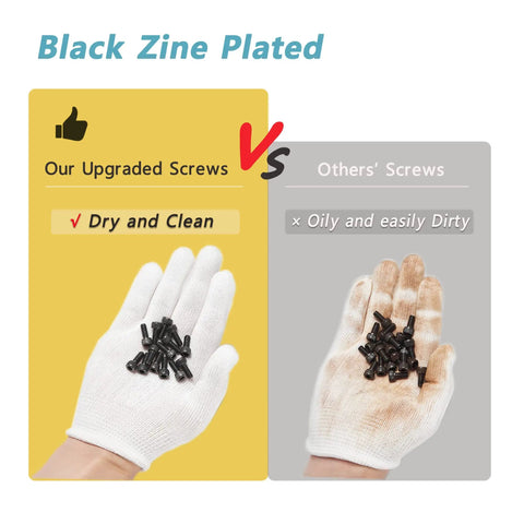 Comparison of black zinc plated screws, clean vs oily, highlighting the Heavy Duty Alloy Steel M4 Screw Kit 270 Pcs Upgrade.
