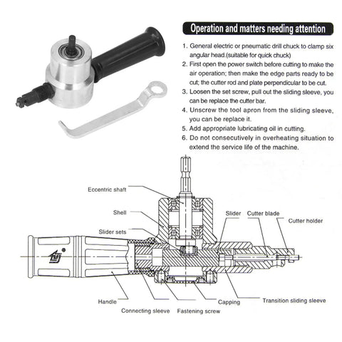 Diagram of Heavy Duty Electric Metal Nibbler Cutter With Dual Adjustable Heads, showing assembly and components for operation.